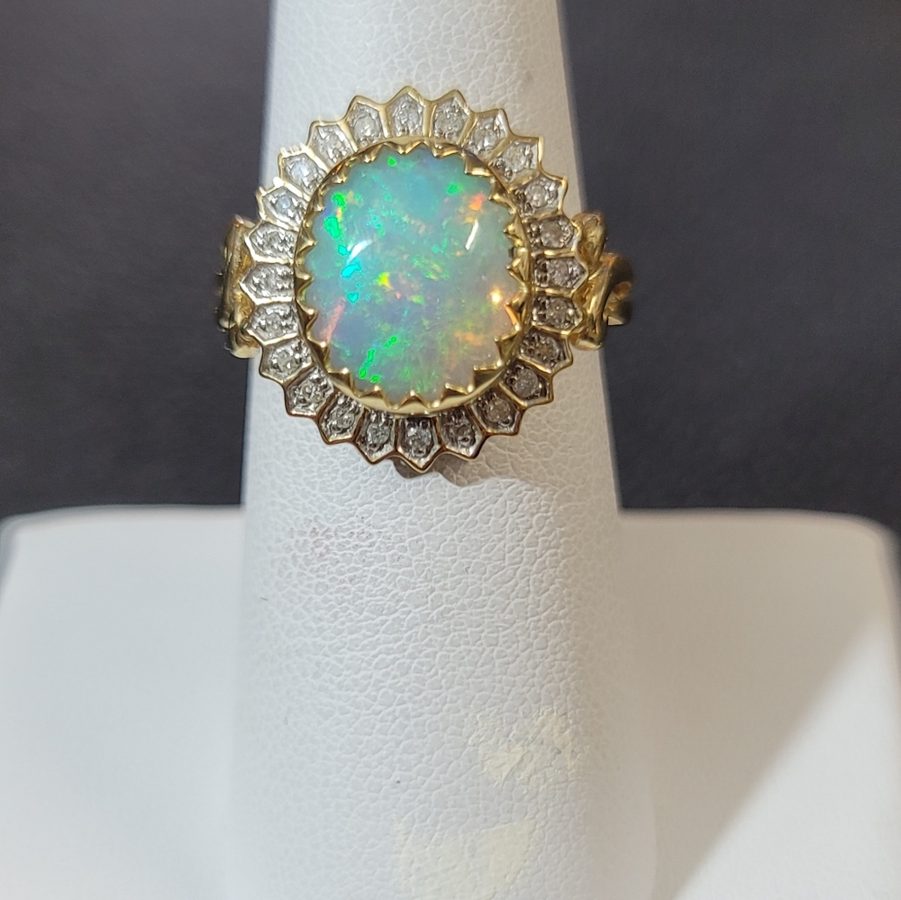 R437 10k Natural Opal and Diamond Ring.  Size7